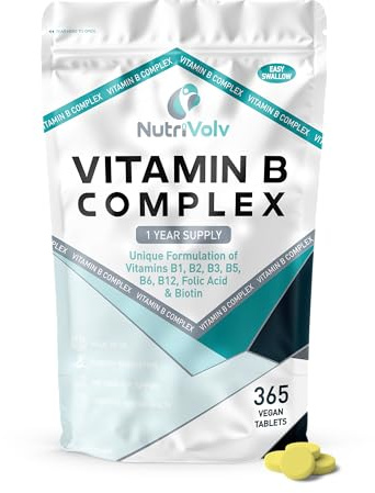 Vitamin B Complex | 365 Vegan Tablets (1 Year Supply) | Vitamin B1, B2, B3, B5, B6, B7 (Biotin), B9 (Folic Acid) & B12 | Reduction of Tiredness, Energy & Immune Support | Made in The UK | by NutriVolv