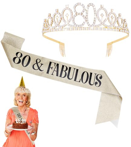1 set guld 80. Födelsedagsskärp och tiara, 80 födelsedagsdekoration, elegant glänsande födelsedagskrona, 80. Happy Birthday-flicka, för 80 födelsedagsdekoration present och kvinnor partytillbehör