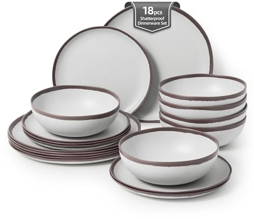 La Joventino 18PCS Vintage Purple Rim Melamine Dinner Set for 6 People, Camping Plates and Bowls Set for Outdoor Dining