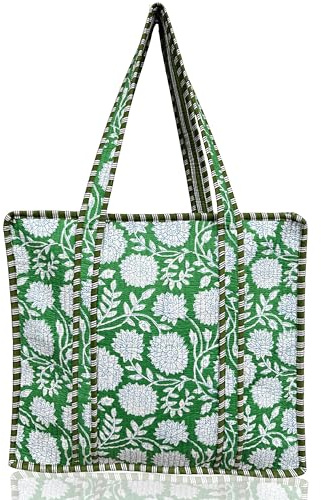 Third Eye Export 100% Cotton Quilted Tote Bag 18x16– Large Zipper Beach Bag & Travel Bag Green Purse Reusable Grocery Bags (Bold Irish Aircraft White Floral Print)