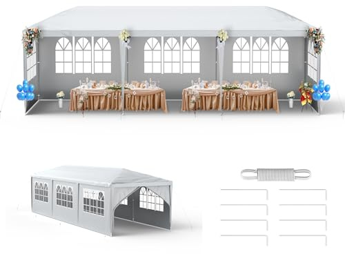 LZQ Carpa para fiestas de jardín, 3 x 9 m, estilo desplegable, construcción rápida, impermeable, con ventanas, techo y 8 paredes laterales, tienda de cerveza para exteriores, para fiestas, camping