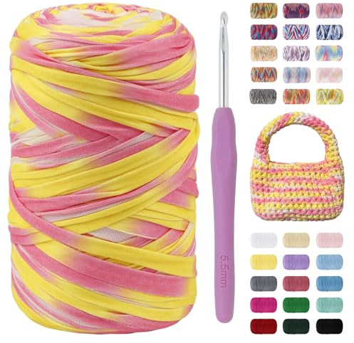 LEREATI 400g Fil Tee Shirt pour Crochet, Tshirt Yarn Multicolore avec 1 Crochet, Fil Polyester pour Sac, Paniers, Bricolage, Décoration D'Intérieur (Rose Jaune)