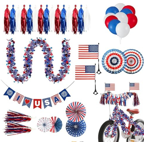 Generico Decorazioni Bicicletta per parata 4 luglio, Kit Patriottico 41 Pezzi Bianco Blu, striscioni Palloncini Bandiere per Giorno 'Indipendenza Giorno del ricordo Festa