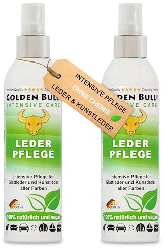 Golden Bull® Lederpflege Spray intensiv 2x250ml [VEGAN - OHNE Chemie] Natürliches Leder Kunstleder Pflegemittel für werterhaltende Pflege von Ledersitz, Ledercouch, Autositz, Sofa, Lederjacke