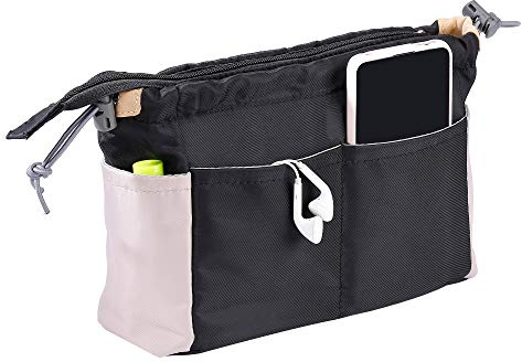 Organizador de Bolso Cosméticos para Mujer, Multibolsillo Bolso de Mano Inserción, Nylon Impermeable Lavado de Viaje Bolsa con Cordón y Cremallera (Negro)