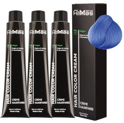 FemMas Haarfarbe 3x Metallic Blau I Creme Haarfarbe mit Arganöl, Keratin & Ceramiden I Als dauerhafte Haarfärbung oder Tönung für strahlende, haltbare Farbergebnisse I 100 ml
