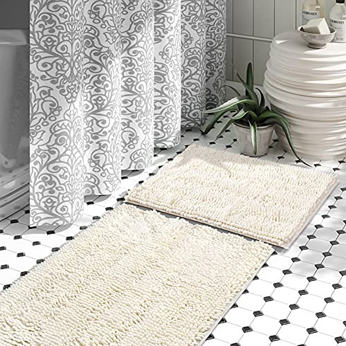 JOTOM Badezimmer Vorleger 2-teiliges Badteppich Set Weich rutschfest Badematten Chenille Saugfähiger Shaggy Badezimmerteppich für Bad, Wanne und Dusche (Cremeweiß)