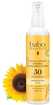 Babo Botanicals Swim & Sport Mineral Sunscreen Spray SPF 30 - Natural Zinc Oxide - Face & Body - For all ages - Dermatologist Tested - Cruelty-Free - Fragrance-Free - Water Resistant