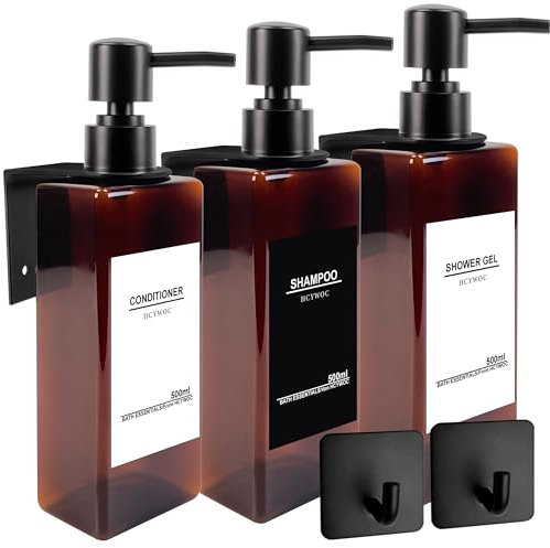 HCYWOC 3 Pezzi Dispenser Sapone A Muro, 500ml Dispenser Doccia, Dosatore Senza Foratura, Con 32 Etichette Impermeabili per Bagno, Cucina - Nero Ambra