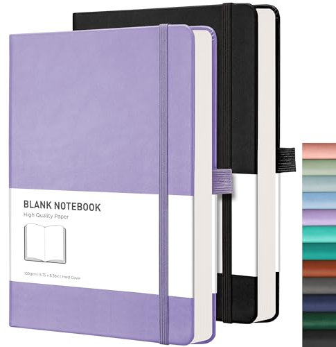 RETTACY Notizbuch A5 Blanko 2er Pack - 384 Seiten Unlined Notizbücher mit 100gsm Blanko Papier, Stiftschlaufe, Innentasche, für Skizzieren Schule Frauen Männer 14.5 x 21cm-Lila