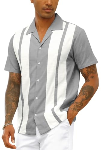 Herr vintage bowlingskjorta bomull linne strandskjortor kortärmad button down sommar toppar