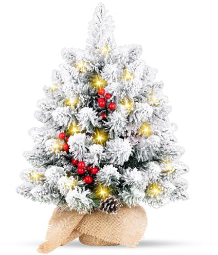 Weihnachtsbaum, 20 Zoll Künstlicher Mini-Weihnachtsbaum mit LED-Lichtern, Schneebedeckter Fichten-Weihnachtsbaum mit Tannenzapfen und Roten Beeren, Feiertags-Desktop-Weihnachtsdekorationen