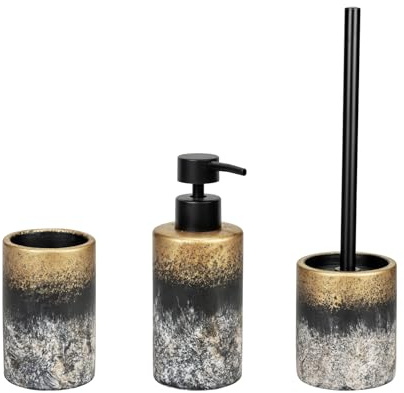 WENKO Bad-Accessoire Set Lacona, 3-teilig, Bad Rundum-Set aus 100 ml Seifenspender, Zahnputzbecher und WC-Garnitur, Beton/Edelstahl, Mehrfarbig