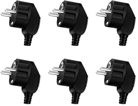 Powice 6 Stück Schuko Stecker,Stecker,Schuko Stecker Wasserdicht,Schukostecker,Spritzwassergeschützter Stecker 230V mit Zugentlastung, Schwarz