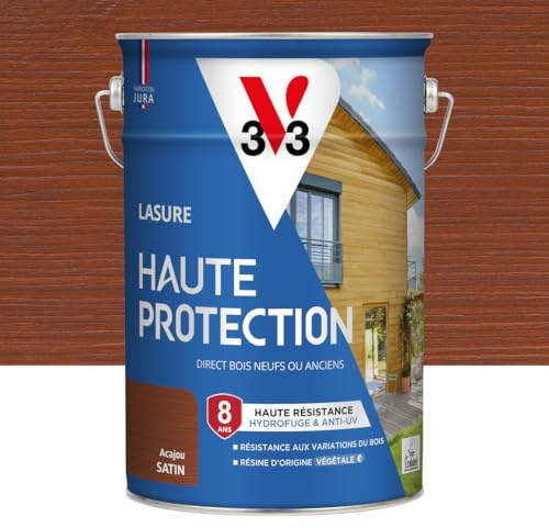 V33 Lasure Bois extérieur Acajou satin - Haute Protection 8 ans - Haute résistance hydrofuge et anti-UV - Résiste aux variations du bois - Ecolabel, résine d'origine végétale - 5L