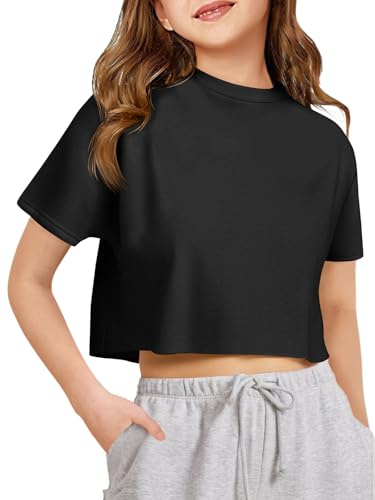 Haloumoning Magliette da ragazza a maniche corte estive sportive top bambini oversize girocollo tinta unita magliette, Nero , 12-14 anni