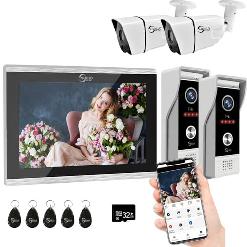 Intercomunicador con cable, timbre de puerta 1080P, sistema de monitor táctil de 10 pulgadas, TUYA WiFi Smart Home Video Intercom Door Phone Kits for Villa Home (2 Timbre+1 Monitor+2 Cámara)