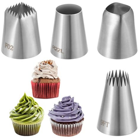4 Stück Spritztüllen Set Edelstahl Tüllen für Spritzbeutel Groß Rund Stern Quadrat Breite Spritztülle XL Spritztülle Riesige Profi Tüllen Zum Dekorieren Von Torten Cupcakes Krapfen