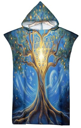 Poncho de Plage Arbre De La Vie Serviette de Bain avec Capuche – extrêmement léger et à séchage Rapide – Arbre Géométrique Changement Peignoir Poncho de Surf pour Hommes et Femmes