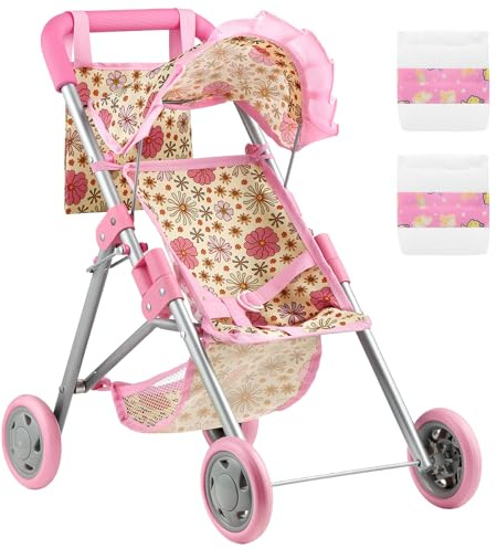 GAGAKU Puppenwagen für Babypuppen - Toy Doll Pram - Faltbarer Spielzeug-Buggy für Mädchen & Kinder ab 3 Jahren mit Speicherkorb & Tasche, Windeln - Accessoires für Reborn Baby, Gänseblümchenmuster