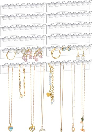 NiHome 12-Pack 96 Hooks Wall-Mounted Clear Plastic Jewelry Organizers for Earrings, Necklaces, Bracelets, Rings, Studs, No-Drill Adhesive Installation Racks for Closet, Bathroom, Bedroom, Mirror