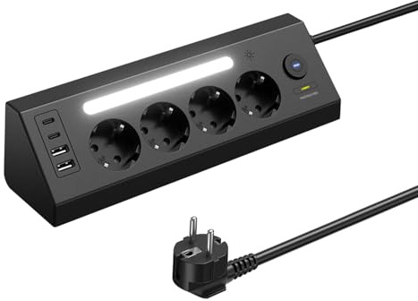 Hörngrenuttag 4-vägs flera uttag med Strömbrytare, Bordsuttag med 2USB C och 2 USB A, Grenuttag med överspänningsskydd, hörnuttag med LED-ljus för Kök och Skrivbord, 1.8M Kabel, Svart