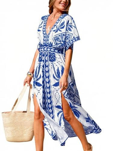 CUPSHE Women's Plunging V Neck Beach Dress Boho Half Dolman Sleeve Empired Waist Side Split Maxi Summer Dresses Blue WHI, S