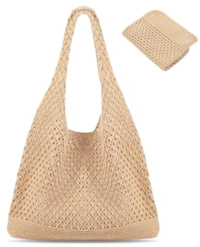IHLOOTD Borsa da Spiaggia Donna, Borsa Mare Uncinetto, Borse Tracolla da Spiaggia, Borse Donna Lavorata a Maglia per Viaggi Estivi, Accessori Quotidiani, Shopping (Marrone)