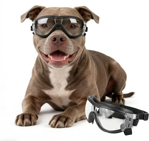 PETLESO Dog Goggles for Large Breeds, UV Protection Dog Sunglasses with Adjustable Straps, Windproof Pet Eyewear for Medium to Large Pets, Soft Frame, Breathable, Clear L