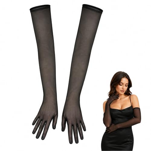 1 Pairs Gant Noir Long Femme,Gant Tulle Gloves Noir pour Tenue Festival Costume, Long Gloves Noir,Noirs en Tulle,Mariage et fête,Taille Unique,Transparent Extensible Doigts Unisexe Travers de Soirée.
