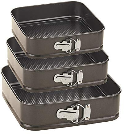 ARIANA HOMEWARE® Set of 3 Non-Stick Square Cake Tins Springform with Removable Bottoms and Metal Handles Loose Base Leakproof Baking Pan Tray Perfect for Cakes and Cheesecake – Sizes 24/26/28 cm