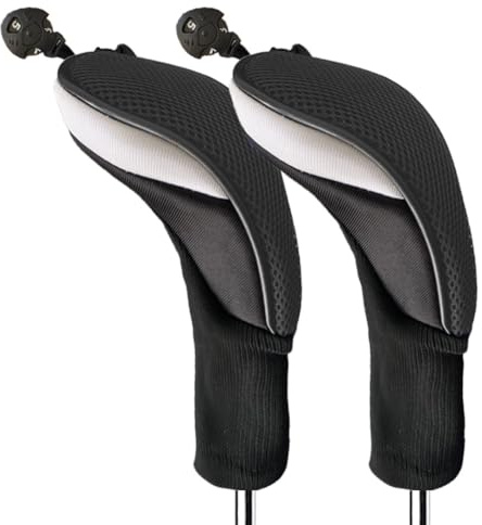 FINGER TEN Lot de 2 housses de tête de club de golf en bois hybrides avec étiquettes interchangeables pour tous les clubs en bois hybrides, légères et durables (noir)