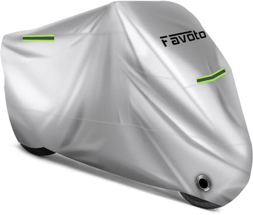 Favoto Housse de Protection pour Moto Imperméable en Oxford 210D avec Coutures Thermosoudées, Bâche Extérieure à l'épreuve de Poussière/Neige/Pluie du Vent des Soleil, 245x105x125cm XXL Argent