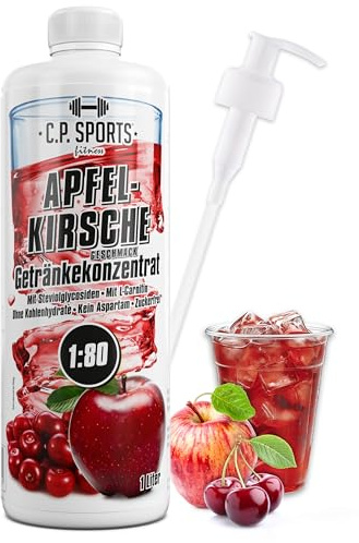 C.P. Sports Drink Syrup I Sciroppo senza zucchero per Vital Drink Mela - Ciliegia con vitamine I Concentrato da mescolare con acqua per bevande sportive I 1 litro + dosatore a pompa
