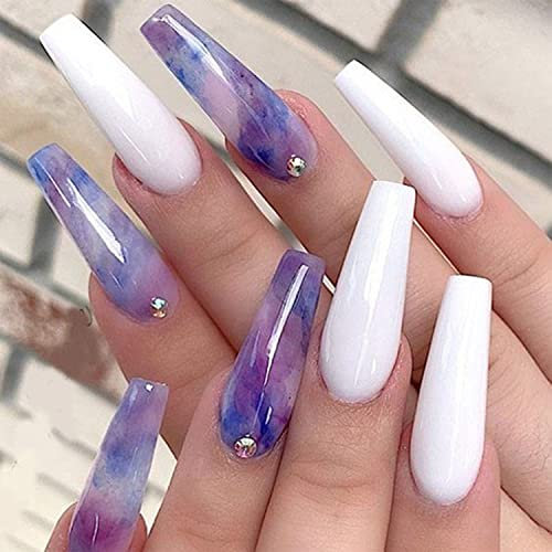 Luvadeyo Künstliche Nägel Lange Falsche Nägel Welle Drücken Sie auf den Nägeln 24pcs für Frauen und Mädchen Weiß und lila