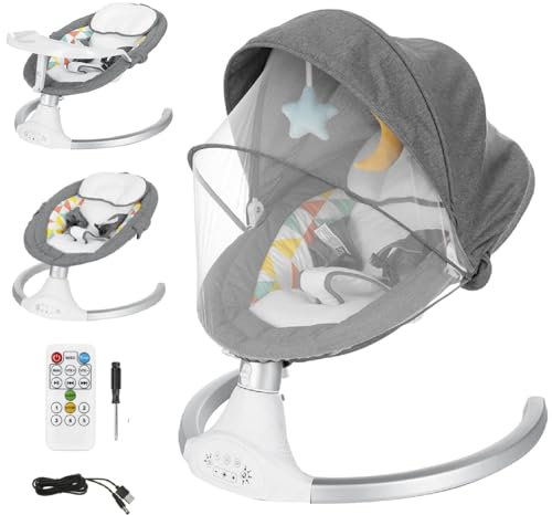 Bioby Babywippe Elektrisch, Baby Schaukel Elektronisch mit Abnehmbarer Esstisch, Verstellbare Rückenlehne, Lautsprecher, Timer, 3-Punkt-Gurt, 5 Schaukelgeschwindigkeiten, für Babys unter 9 kg