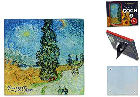 CARMANI - Posavasos de vidrio, almohadilla de vidrio, alfombrilla de bebida resistente al calor, impresa con Vincent Van Gogh, carretera con ciprés y estrellas