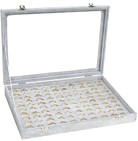 Bivisen Ring Display Case Organizer Box with Transparent Lid, 100 Slot Ring Organizer Holder Showcase For Store Display Jewelry Show Home (Grey)