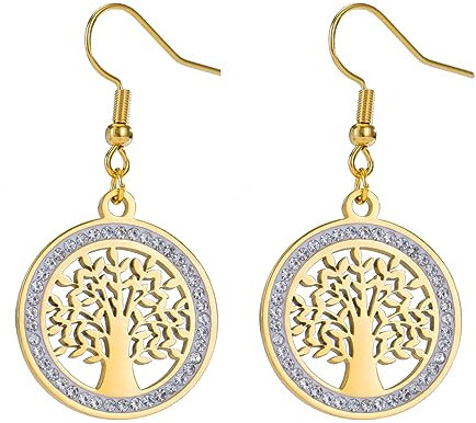 Dreamtimes Pendientes Árbol de la Vida para Mujer Acero inoxidable transparente Oro Circón Pendientes redondos Árbol familiar Moda Regalo de boda Encanto Joyería de lujo (oro)