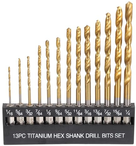 sourcing map 13pcs 1/4 Hex Shank Drill Bits 1/16-1/4 Titanium Drill Bits Set M35 High Speed Steel Twist Drill Bit Fully Ground for Wood, Stainless Steel, Metal, Plastic Plastic