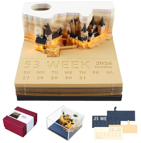 AVCXEC Calendrier 3D 2026, Bloc-Notes De Calendrier De Bureau 2026, calendrier de Bureau Créatif 3D avec Lumière et Porte-Stylo, Bloc-Notes Autocollantes 3D 2026, Cadeau de Bricolage