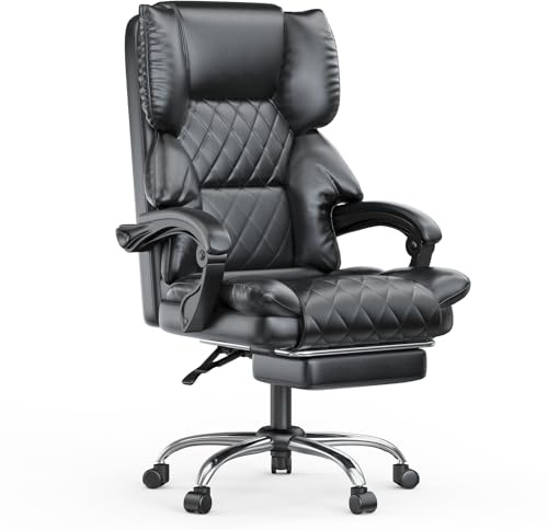 naspaluro Silla de Oficina con Reposapiés, Silla de Escritorio Ergonómica, Silla Ordenador de Cuero PU con Reposabrazos Acolchada y Reposacabezas, Silla Giratoria con Función de Inclinación, Negro