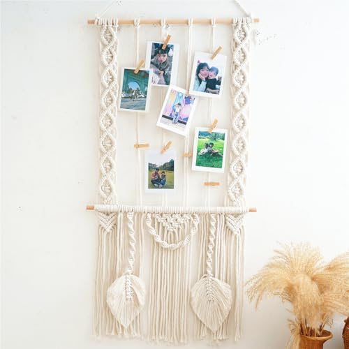 lomonmen Makramee Wandbehang,Fotowand Bilderrahmen Collage,Boho Wanddeko Bilderwand,Boho Deko Foto Hängendes mit Holzklammer für Wohnkultur,Schlafzimmer,Hochzeitsfeier