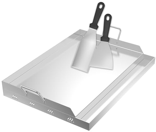 PEILU Edelstahl Grillplatten 54x32x7cm Plancha Grillplatte Set mit Handgriff, Fettsammelbehälter & 2 Grillspachtel BBQ Feuerplatte Blech Griddleplatte für Gasgrill Kohlegrill Induktiongrill
