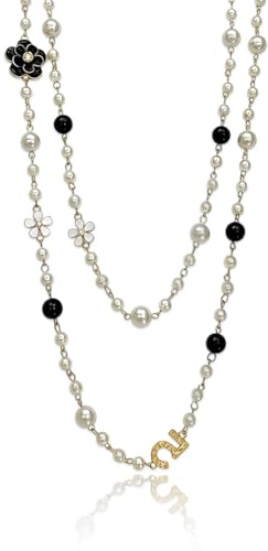 ZORVYN Sautoir Femme Long Collier de Perles Blanches et Noires Double Rang avec Pendentif Fleur Camelia Chaîne Dorée Cadeau Élégant pour Femme