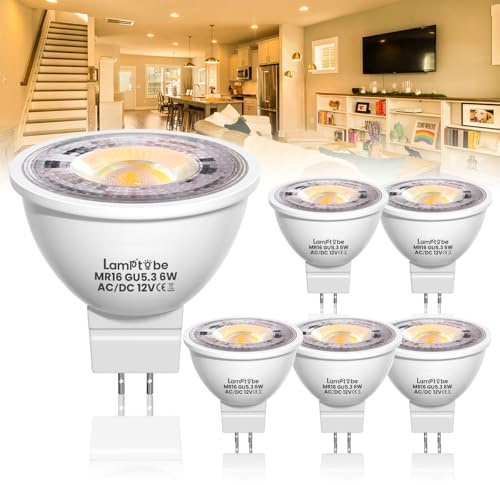Lamptobe Gu5.3 Mr16 LED 12 V Light,6 W Foco blanco cálido 3000K Spot Reemplazo 58 W Lámpara reflector Bombilla 480 lm Foco 38 °Ángulo de haz,Focos Sin Parpadeo AC/DC 12V,No regulable(6 piezas)