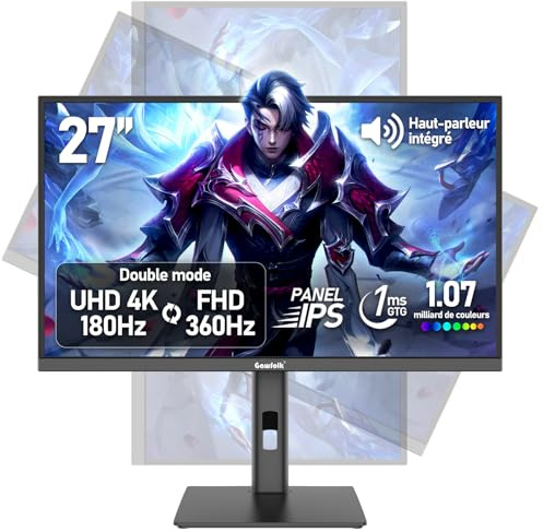 Écran PC Gaming IPS 27 pouces, UHD 3840x2160 4K 180Hz / FHD 360Hz Moniteur à double mode, 1,07 milliard de couleurs, Adaptive Sync, Hauteur réglable, Haut-parleur intégré, HDMI 2.1 et DP1.4, Noir