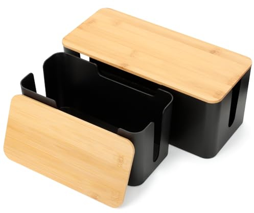 AiQInu Set da 2 Scatola Porta Cavi Nera, Scatola Nascondi Cavi con Coperchio in Legno, Copri Ciabatta Elettrica, Cable Box per Fili Elettrici​ di Prolunga, Prese Multiple e TV