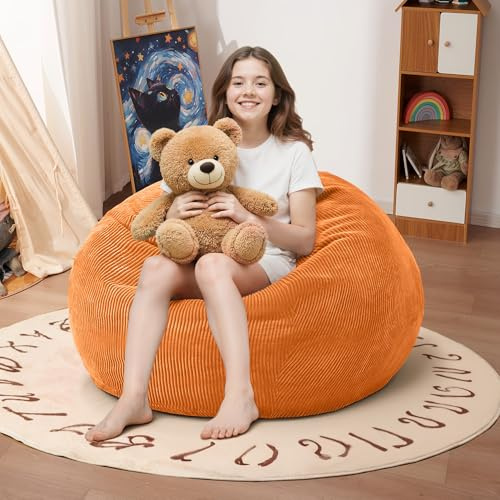 Cansunna 2FT Bean Bag Chair: 2' Bean Bags with Memory Foam Filled,Comfy Beanbag Chairs Teardrop Bean Bag Sofa with Corduroy Cover, Orange