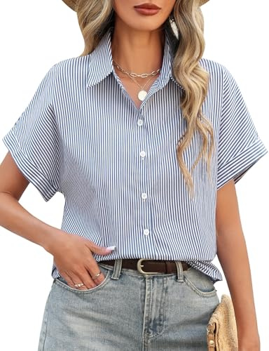 Fashora Womens Blouse Summer Tops Cotton Casual Striped Short Sleeve Blouses Elegant V-Neck Button Down Shirts Tops for Ladies Business Work Office Stylish (Navy Blue, M)